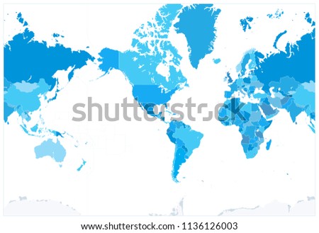 America Centered Political World Map Blue Colors. No text. Highly detailed vector illustration of World Map.