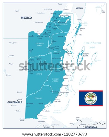 Belize Map. Aqua blue color. Detailed map of Belize with the capital Belmopan, national borders, most important cities.