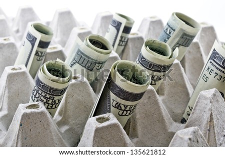 US dollar rolls inside of an egg tray. Horizontal orientation/Rolled up dollars