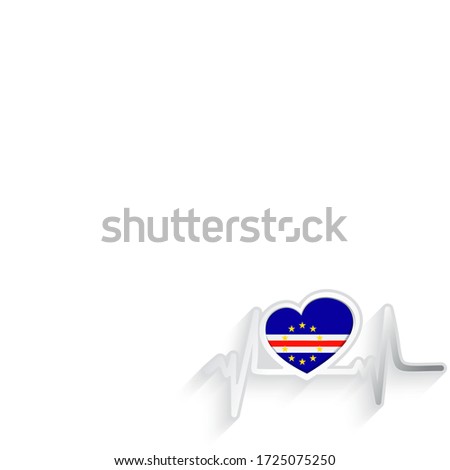 Cape Verde flag heart shaped and heartbeat line isolated on white. Runion (France) Patriotic Background. Vector illustration.