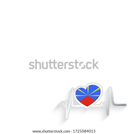 Runion (France) flag heart shaped and heartbeat line isolated on white. Runion (France) Patriotic Background. Vector illustration.