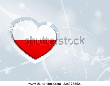 Poland Flag in the form of a 3D heart and abstract paint spots background. Flag of Poland. Use for brochures, printed materials, logos, signs, elements, etc.