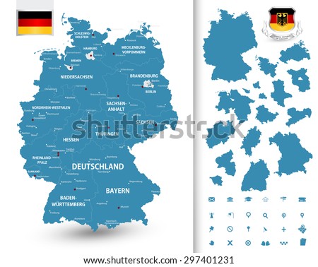 Map of Germany with its federal states/Highly detailed map of Germany with administrative divisions (states), cities and pictogram navigation icons.
