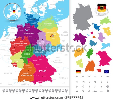 Highly detailed political map of Germany with administrative divisions(states), cities and navigation icons collection.