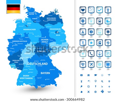 Highly detailed map of Germany with administrative divisions (states), cities and pictogram navigation icons/Map of Germany with markers
