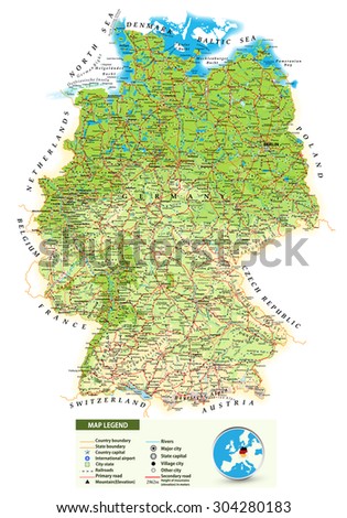 Large detailed road map of Germany with topographic contours, all cities, villages, water objects, mountains and airports/Large detailed physical map of Germany.