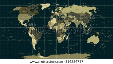 Detailed World Map in camouflage colors with a square grid,country and city names. 