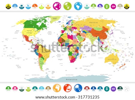 Political World Map with flat icons and globes.Highly detailed political World Map with flat icons and globes.All elements are separated in editable layers clearly labeled.