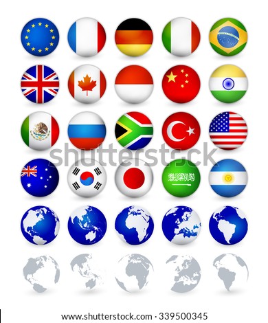 G20 country flags web buttons with globes.Badge Magnet flags vector illustration.