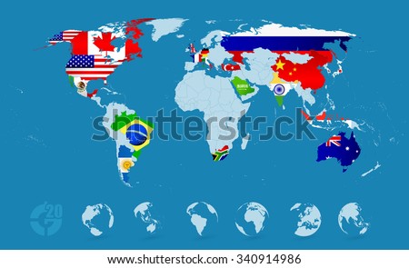 G20 Country Flags On Detailed World map.