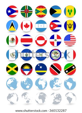 Americas flat round flags and globes.All elements are separated in editable layers clearly labeled.