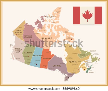 Vintage Map of Canada with flag. Highly detailed vector illustration.