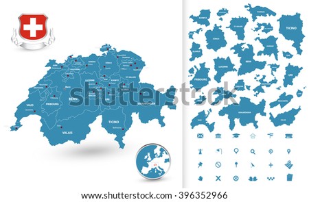 Map of Switzerland with regions. All elements are separated in editable layers clearly labeled.