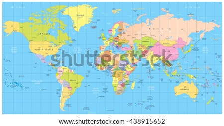 Detailed political World Map: countries, cities, water objects. All elements are separated in editable layers clearly labeled.