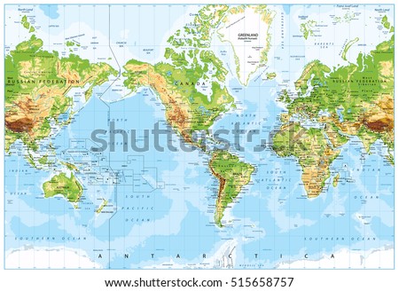 Physical World Map America Centered and Bathymetry. Highly detailed vector illustration.