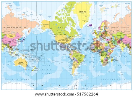 World Map - America in center - Bathymetry. Highly detailed vector illustration of World Map.