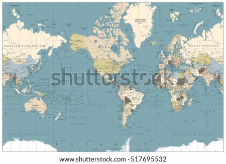 World Map retro colors illustration - America Centered World Map. All elements are separated in editable layers clearly labeled.