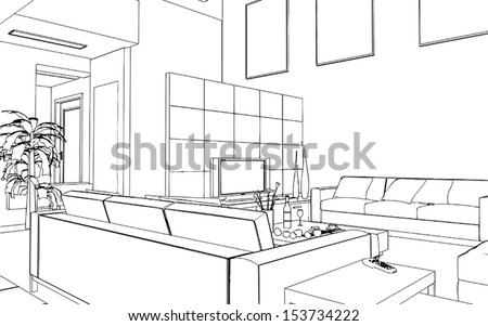 Editable Vector Illustration Of An Outline Sketch Of A Interior. 3d ...