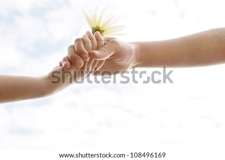 Two young girls\' hands being held against the sky while holding a flower.
