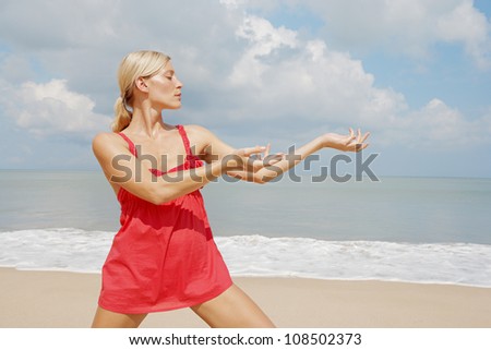 Portrait of an attractive woman practicing martial arts on the beach.