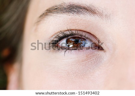 Close up detail view of a natural young and attractive woman half face with her eye open and looking up with clean skin and dark colored eyes.