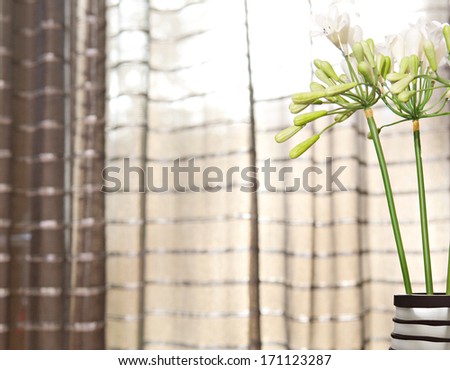Still life close up view of a decorative vase with fresh lilies flowers in a luxury home with smart curtains in the background. Home interior floral detail view.