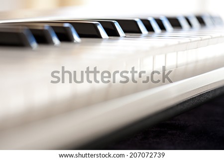 Close-up still life detail profile view of a piano keyboard black and white keys, interior. (Object, Music, Entertainment).