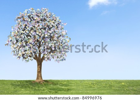 Euro money tree growing on green land with a blue sky.