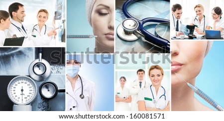 Collection of medical images with hospital workers, nurses and interns, equipment and plastic surgery