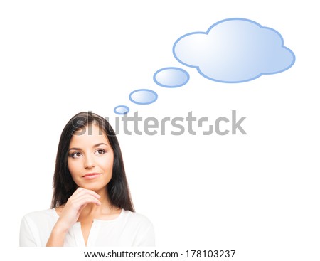 Young, confident, successful and beautiful business woman with a blank blue comic strip cloud isolated on white