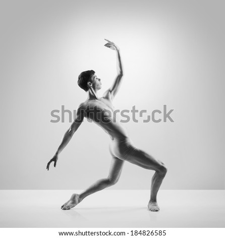 Young, handsome, sporty and athletic ballet dance. Black and white image.