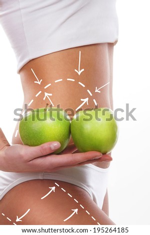 Female body with the drawing arrows on it isolated on white. Woman holding apples. Fat lose, liposuction and cellulite removal concept.