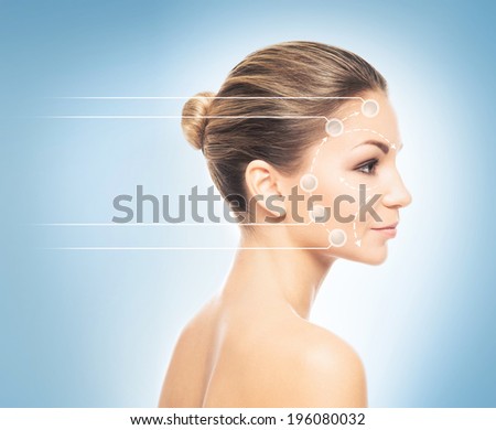 Close-up portrait of young, fresh and natural woman with the dotted arrows (spa, surgery, face lifting and make-up concept)