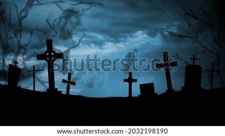 Scary and mystical cemetery at night with tombstones, graves and crosses on a moonlight night. Halloween, magic and mysticism.