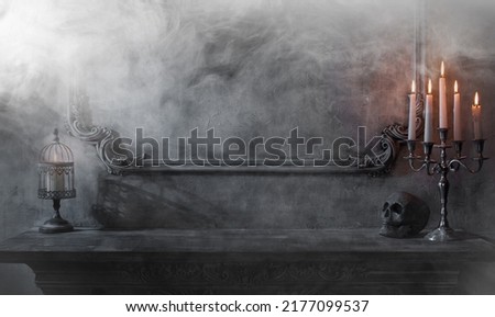 Mystical Halloween still-life background. Skull, candlestick with candles, old fireplace. Horror and witchery. Zdjęcia stock © 
