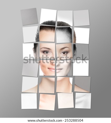Perfect female face made of different faces. Plastic surgery concept. Sticker collage.