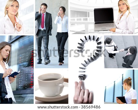 Business collage made of some business pictures. It illustrates stock marketing, real estate, technology, relations, time and money.
