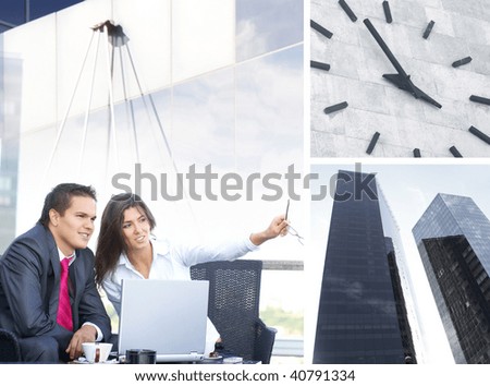 Business collage illustrating finance, communication, time, technology, real estate and business lifestyle