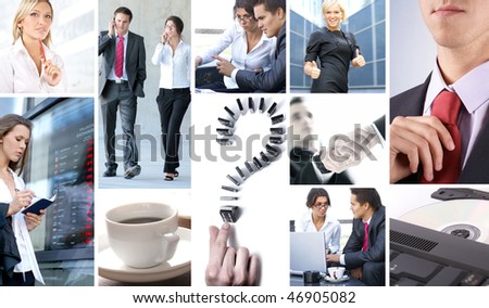 Business collage made of some business pictures. It illustrates stock marketing, real estate, technology, relations, time and money.