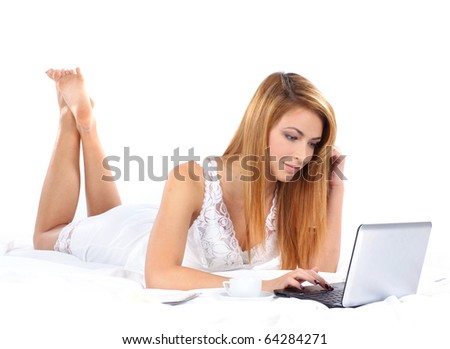 business woman works in bed isolated on white