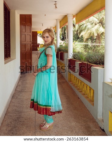 Caucasian woman in traditional indian dress