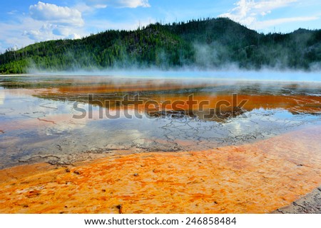 red steamy surface of the Midway Geyser Basin in Yellowstone National Park, Wyoming