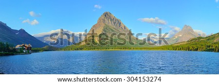 panoramic view of the swiftcurrent lake in Glacier National Park in summer