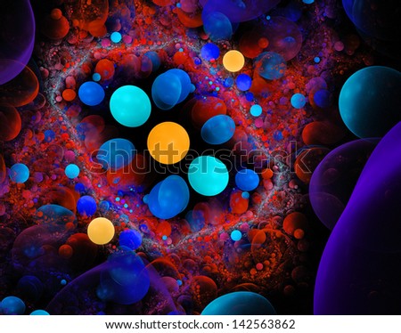 Digital red and blue abstract bubbles fractal image on black background.