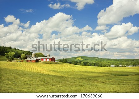 Cut hay on ground in field outside red barn on farm Maine.