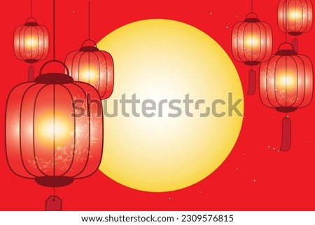 Illustration, Chinese lantern with fullmoon and star on red background.
