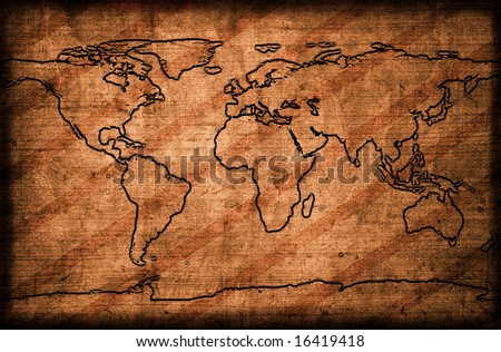 Aged world map with stripes. Map backgrounds.