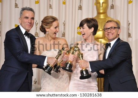 Daniel Day Lewis, Jennifer Lawrence, Anne Hathaway & Christoph Waltz at the 85th Academy Awards at the Dolby Theatre, Los Angeles. February 24, 2013  Los Angeles, CA Picture: Paul Smith