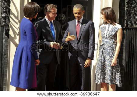 President Barak Obama and wife Michelle meet David Cameron and his wife, Samantha at No.10 Downing Street, London. 24/05/2011  Picture by: Steve Vas / Featureflash