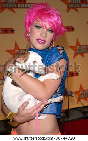 Pop star PINK with her dog, Fucker at the MTV Movie Awards in Los Angeles. 02JUN2001.